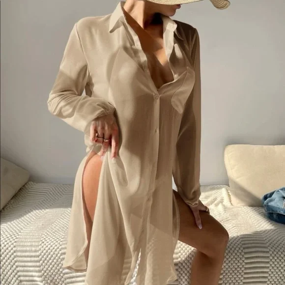 Shirt kimono bikini cover-up button collar slit side khaki top beach summer - Picture 3 of 5